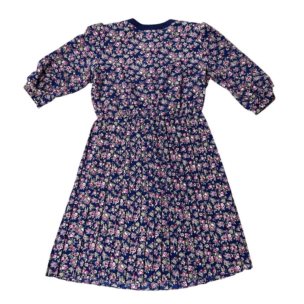 Vintage Floral Pleated Dress Navy Blue Pink Rose 80s Union Made USA Button Front - Picture 3 of 9